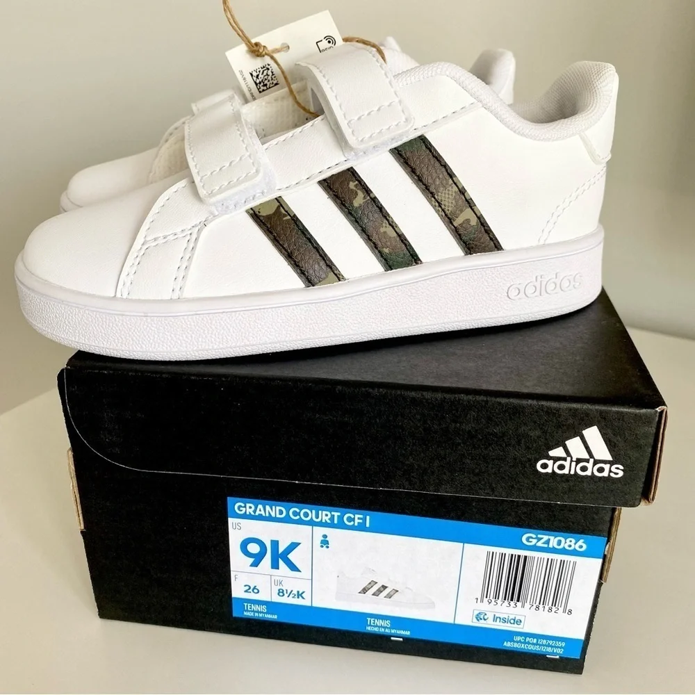 adidas Grand Court White & Camouflage Velcro Straps Toddler Sneakers New Size 9